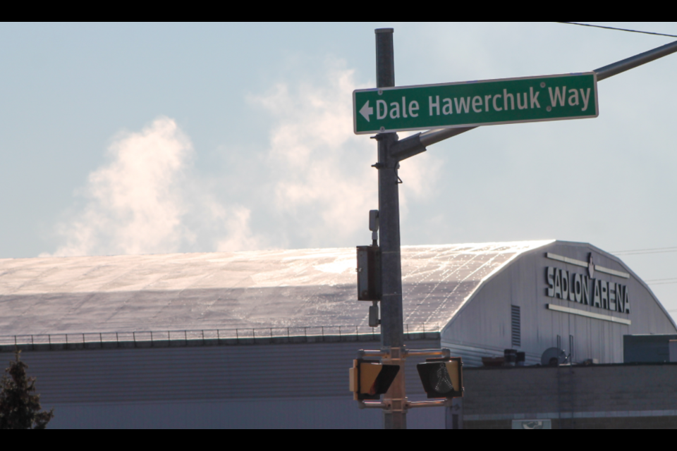 The sign for the newly named Dale Hawerchuk Way, near Sadlon Arena. 
