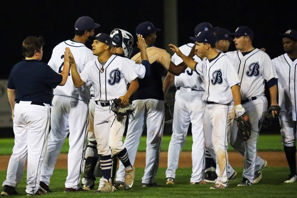 The Barrie Baycats celebrate after they beat the Kitchener Panthers 4-2 in the IBL finals to take a 2-1 series lead on Saturday, September 1, 2018. Kevin Lamb for BarrieToday