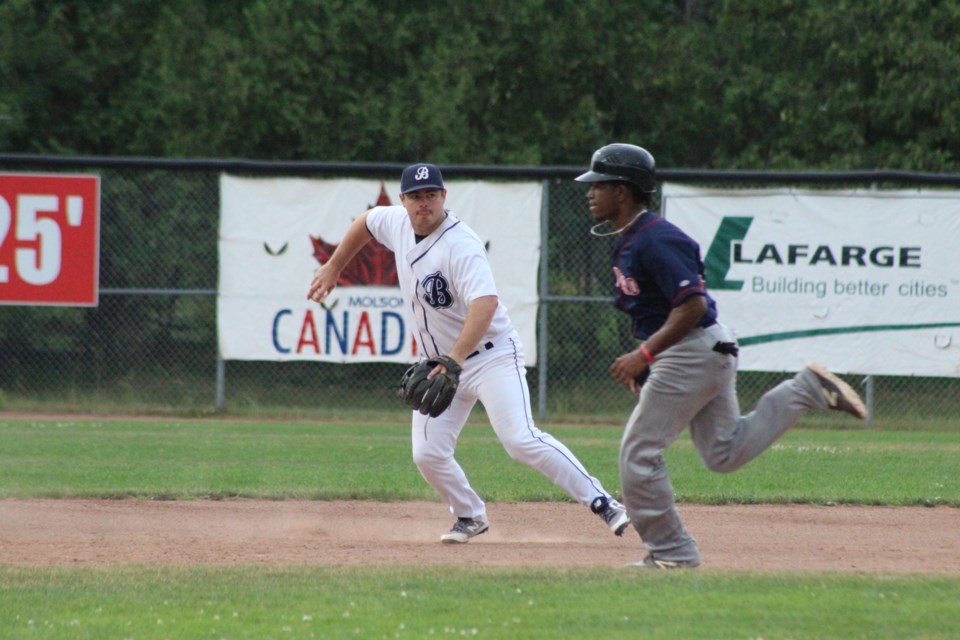 Barrie Baycats infielder Kevin Atkinson makes a throw to first base during Intercounty Baseball League action the Brantford Red Sox on Saturday, July 20, 2019, at Coates Stadium. Raymond Bowe/BarrieToday