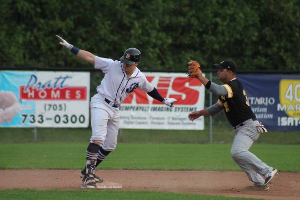 The Barrie Baycats' Jordan Castaldo calls himself safe (which the umpire agreed with) at second base in Game 3 of the IBL finals on Saturday, Aug. 31, 2019 at Coates Stadium in Midhurst. Raymond Bowe/BarrieToday