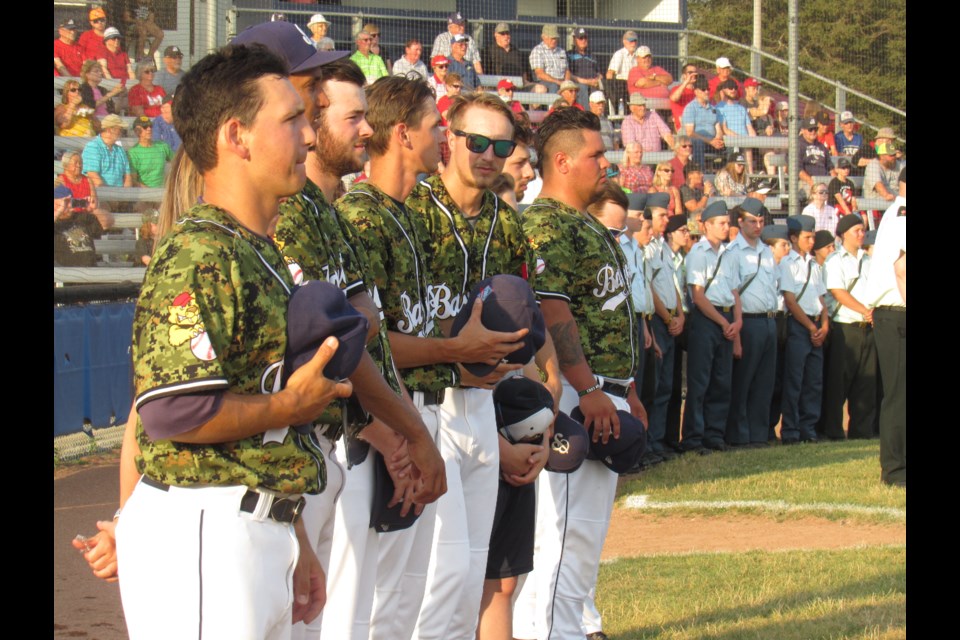 Barrie Baycats players don the camouflaged jerseys for the 19th annual Barrie Baycats Military Night on Thursday, July 18, 2019. Shawn Gibson/BarrieToday