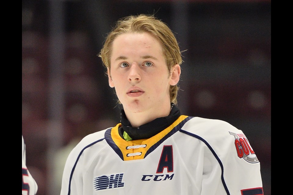 Defenceman Brandt Clarke is shown in a file photo as a member of the OHL's Barrie Colts. 