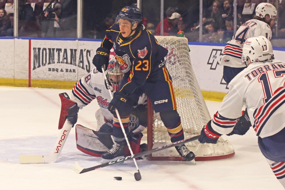 Tai York of the Barrie Colts during their first-round playoff game against the Oshawa Generals on Tuesday night at Sadlon Arena in Barrie.