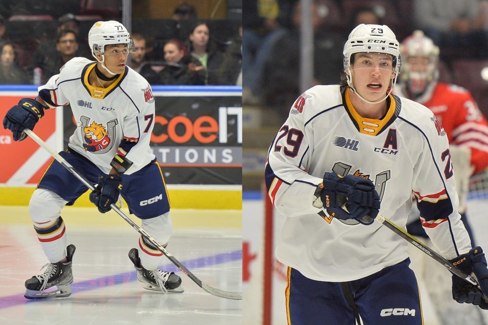 Barrie Colts defenceman Kashawn Aitcheson, left, and forward Cole Beaudoin have been selected to play for Team Canada at the upcoming U18 world championships.