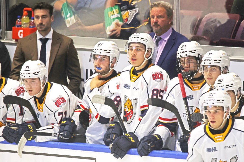 Colts' Head Coach, Marty Williamson, right, behind the bench during an OHL exhibition game at Sadlon Arena between the Barrie and the Owen Sound Attack on Sept. 4, 2023.