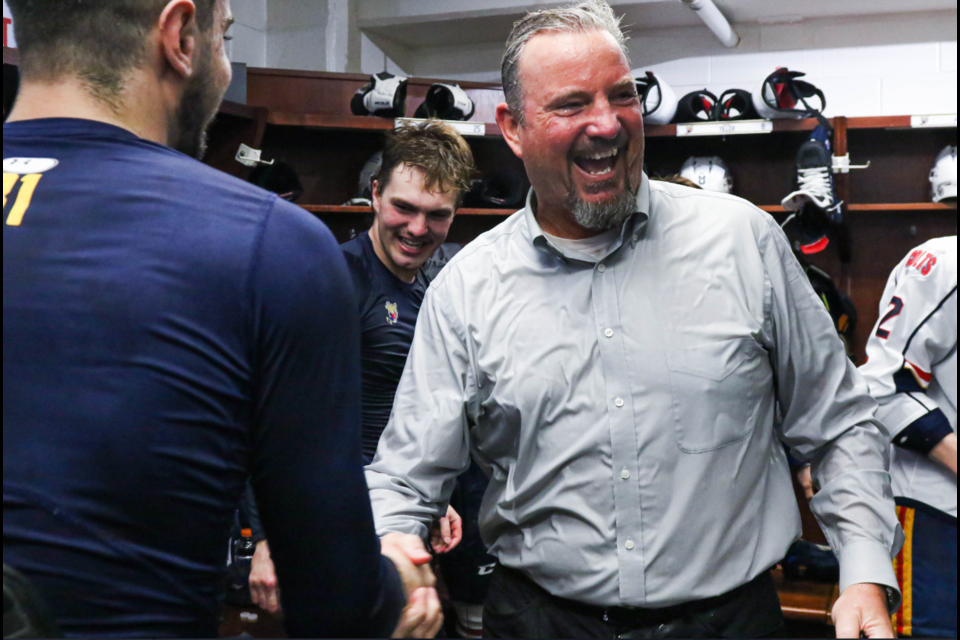 Barrie Colts head coach Marty Williamson got an unexpected post-game shower on Saturday, Nov. 19 after picking up his 500th career win in the OHL.