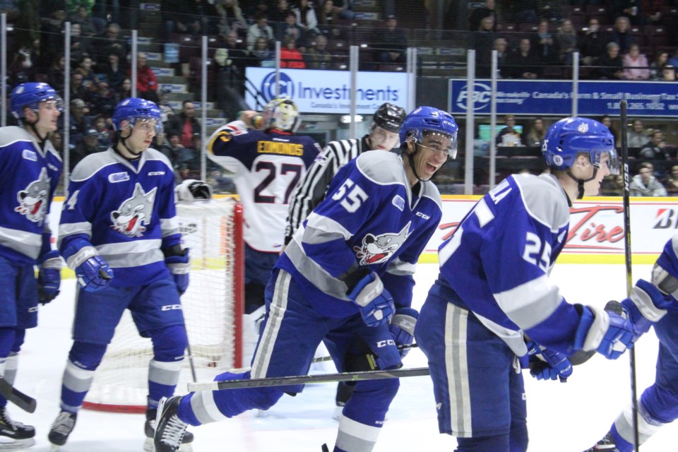 Members of the Sudbury Wolves celebrate one of their four second-period goals against the Barrie Colts during OHL action at the Barrie Molson Centre on Thursday, Dec. 13, 2018. Raymond Bowe/BarrieToday