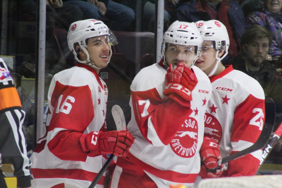 Members of the Soo Greyhounds celebrate a first-period goal against the Barrie Colts during OHL action on Saturday, Jan. 19, 2019 at the Barrie Molson Centre. Raymond Bowe/BarrieToday