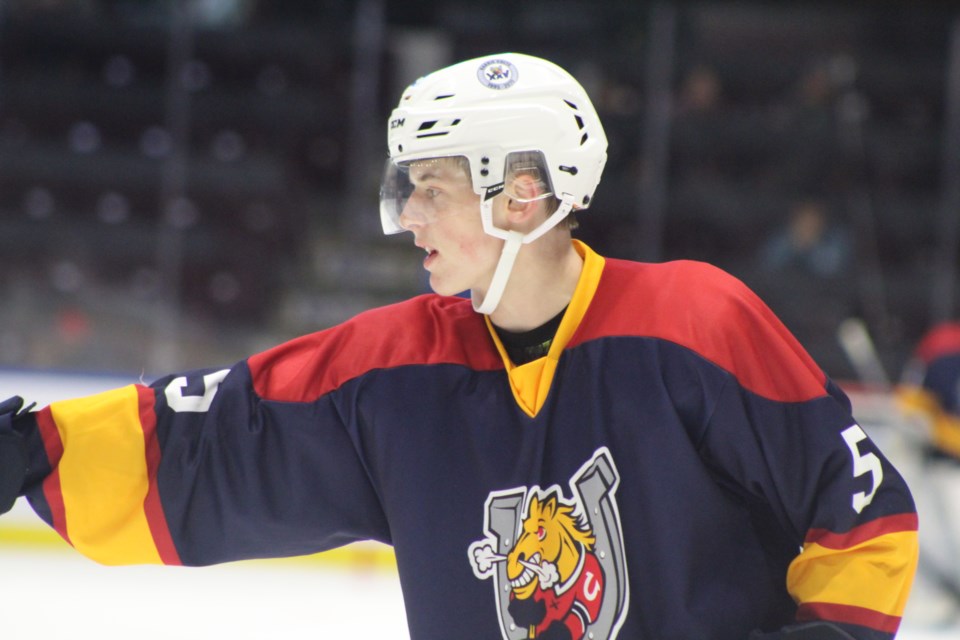 Barrie Colts first-round draft pick Brandt Clarke takes part in Thursday night's annual Blue-White game at the Barrie Molson Centre on Aug. 29, 2019. Raymond Bowe/BarrieToday