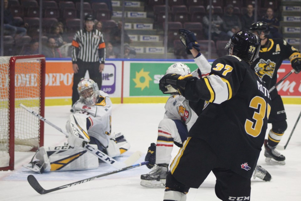Sarnia Sting forward Ryan Roth blasts a one-timer past Barrie Colts goalie Jet Greaves during OHL action on Thursday, Oct. 17, 2019 at the BMC. Raymond Bowe/BarrieToday