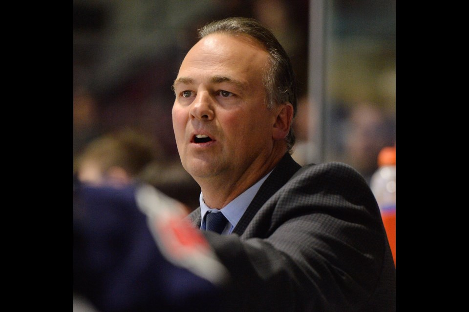 Barrie Colts head coach Dale Hawerchuk, shown in a photo from the 2018-19 OHL season, who is battling stomach cancer, has had successful surgery, according to his son, Eric. Terry Wilson/OHL Images