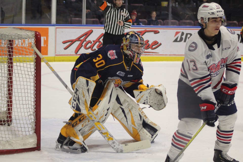 Barrie Colts goalie Arturs Silovs peers through traffic in front of his net during OHL action against the Oshawa Generals on Thursday, Jan. 23, 2020, at Sadlon Arena. Raymond Bowe/BarrieToday