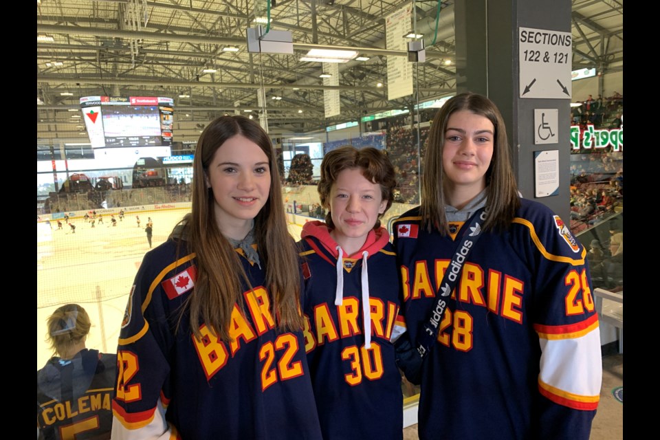 Barrie Sharks teammates Jordan Rodd, Vienna Brown and Charley Boyle were in attendance for Saturday's women's hockey game at Sadlon Arena.