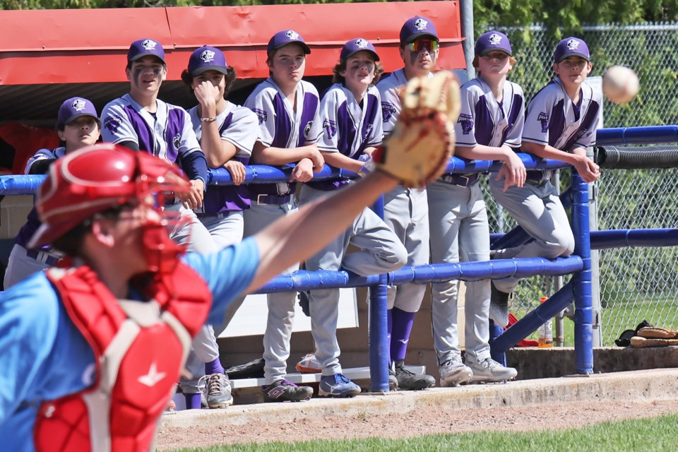 The St. Peter's Panthers watch the action during the CSASC varsity boys baseball tournament at the Barrie Sports Complex on May 6.