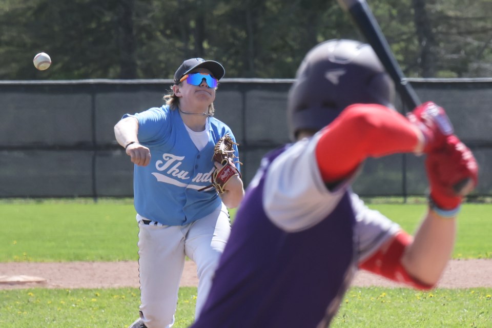 A St. Theresa's Thunder pitcher hurls the ball to the plate during the CSASC varsity boys baseball tournament at the Barrie Community Sports Complex on May 6.