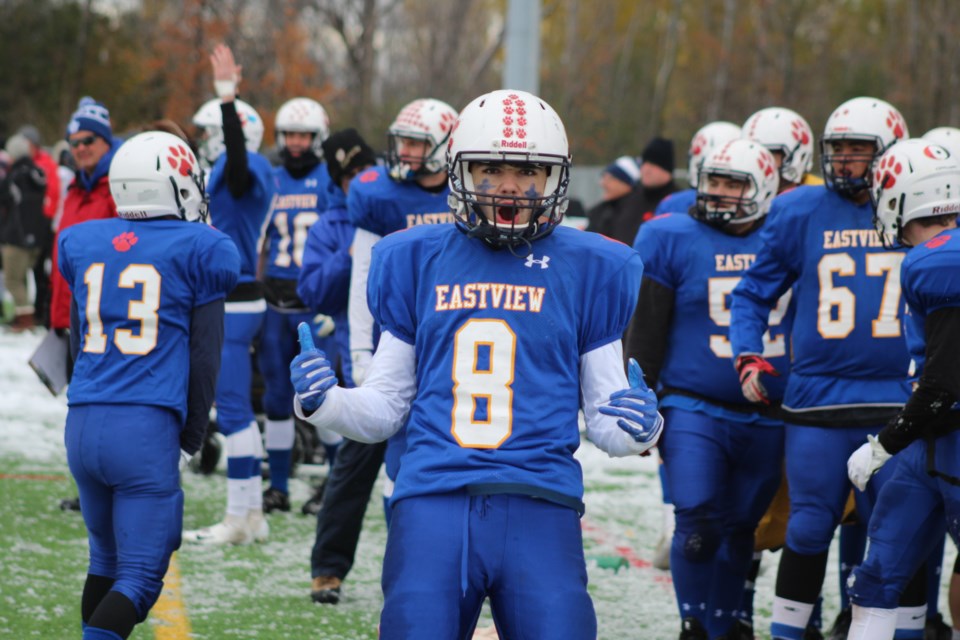 Eastview's Johnny Marais celebrates a touchdown by teammate Will McCulloch during the SCAA semifinal game against Collingwood at Georgian College's J.C. Massie Field in Barrie on Friday, Nov. 1, 2019. Raymond Bowe/BarrieToday
