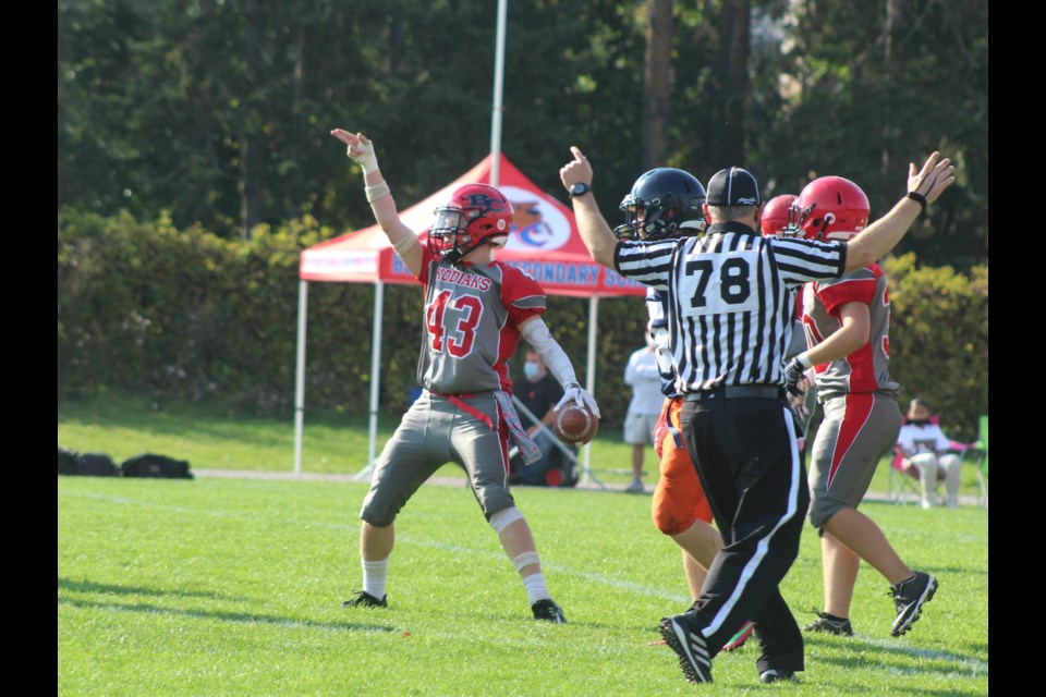 Scott Laybolt of the Bear Creek Kodiaks celebrates a first down during high school football action against the Invaders on Thursday, Oct. 14, 2021 at Innisdale. The Kodiaks won, 29-21, to improve their record to 2-1 while Innisdale falls to 1-3. In other action, Barrie North (4-0) remains undefeated following a 35-21 win over the Eastview Wildcats (0-3).
