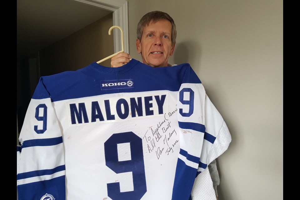 Barrie Sports Hall of Fame chairperson Dan Forgrave holds up his Dan Maloney jersey. Shawn Gibson/BarrieToday