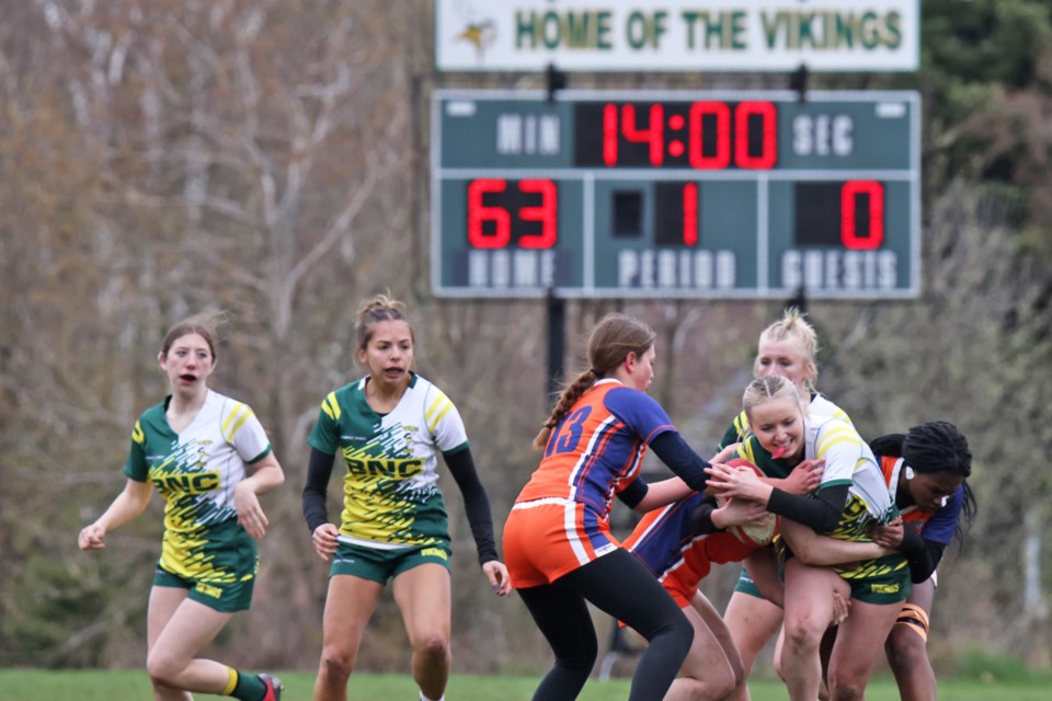 The Barrie North Vikings easily dispatched the Innisdale Invaders, 77-0, at home in Simcoe County Athletic Association (SCAA) senior girls rugby action on Monday, April 29. In other SCAA senior girls rugby action today, Collingwood defeated Eastview, 24-15, and Banting rolled over Georgian Bay, 55-0. There was no score available for the Bear Creek-Nantyr Shores at the time of publication.