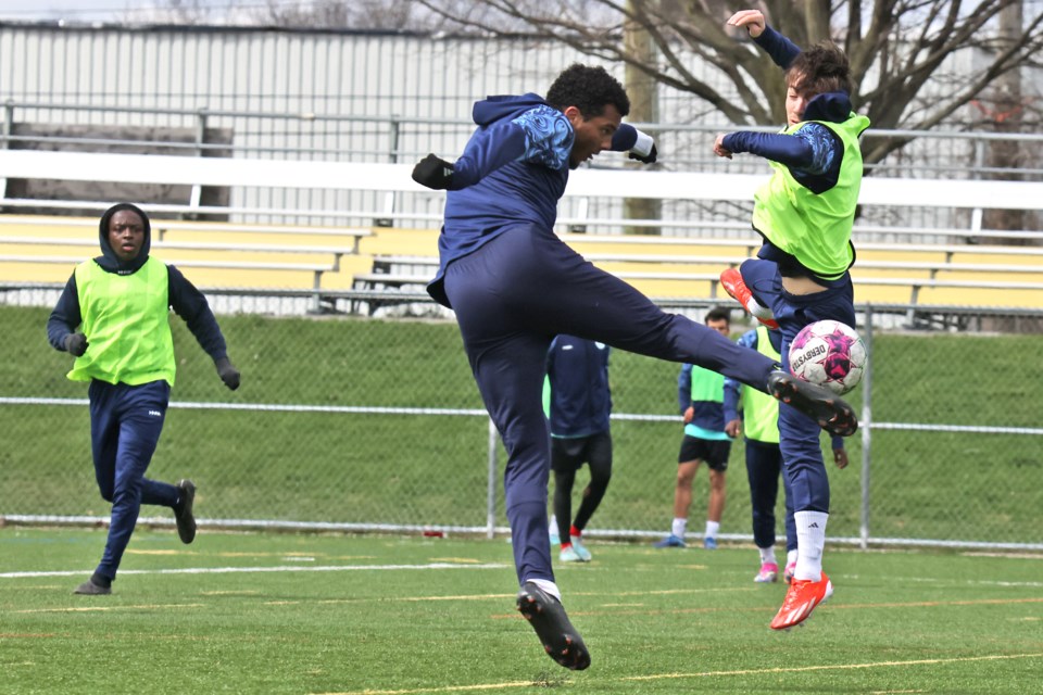 The Simcoe County Rovers FC practise at a pitch in Aurora on Sunday, April 21 in advance of their match against Toronto FC at BMO Field on Wednesday.