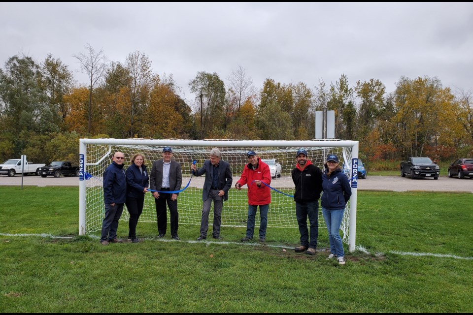 Supplied photo from the dedication and ribbon cutting attended by Deputy Mayor Barry Ward, City representatives Rob Bell, Kevin Datema, Joe Breedon and Barrie Soccer Club representatives Gina Bailey, Sheila Mifsud and George Clarke.