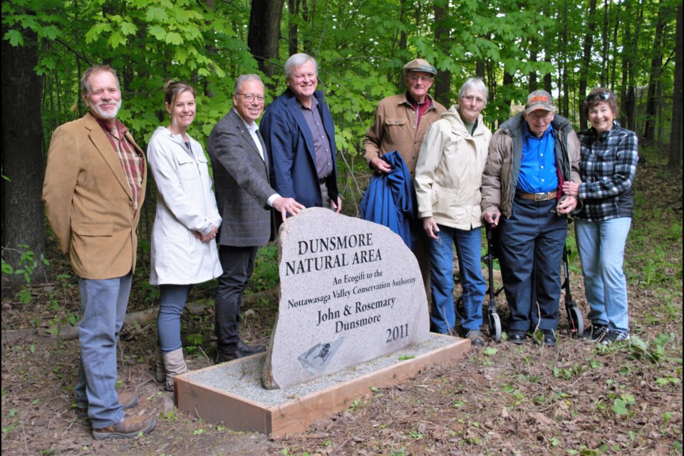 From left, Byron Wesson, director of conservation services with the NVCA, Laura Kucey, Ontario regional co-ordinator for the EcoGift program, Wasaga Beach Coun. George Watson, Springwater Township Mayor Don Allen, John Dunsmore, Rosemary Dunsmore, Leonard Dunsmore and Barbara Anne Dunsmore. Jessica Owen/BarrieToday