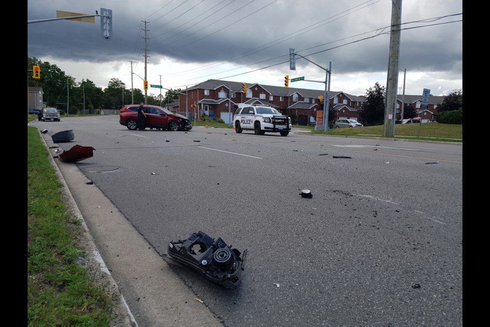 Debris is scattered across Livingstone Street after a two car collision early afternoon on Friday August 9, 2019. Shawn Gibson/BarrieToday