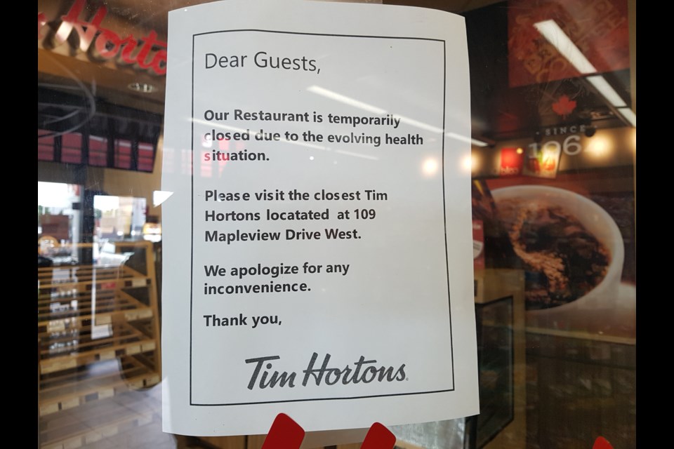 The Tim Hortons at 151 Mapleview Dr. W. is closed as an employee has tested positive for COVID-19, Wednesday, July 15, 2020. Shawn Gibson/BarrieToday