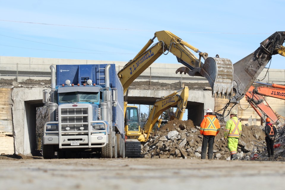 Demolition of the old Tiffin Street bridge at Highway 400 in Barrie was in full swing today, Feb. 23, 2019. Raymond Bowe/BarrieToday