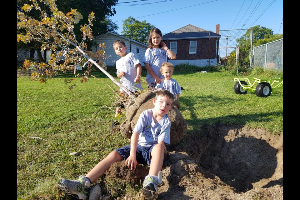 The children of the family that owns Northshore Tree Experts pose by one of the trees being delivered to Oakley Park Public School in Barrie, Wednesday. Shawn Gibson/BarrieToday