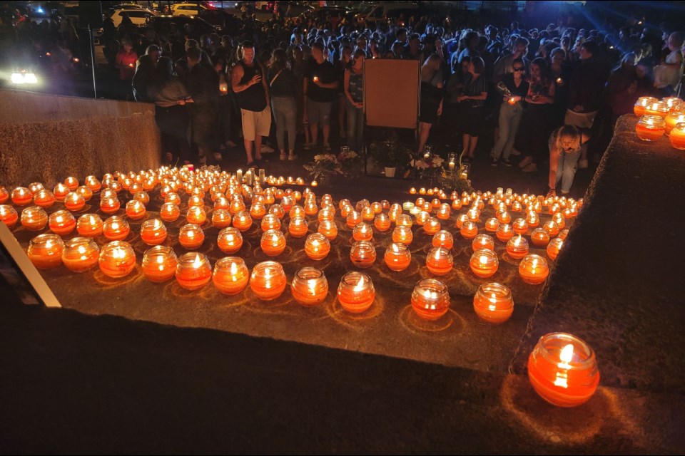 Candles line the steps at foot of the Spiritcatcher, Saturday, Sept. 3, 2022. Shawn Gibson/BarrieToday