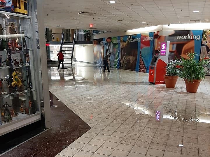 Flooding caused water to pool on the lower level of the Bayfield Mall after thunderstorms swept through the city on Sunday night. Contributed image