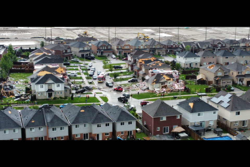 This drone photo captures the amount of damage in south-end Barrie following reports of a tornado touching down in the area.