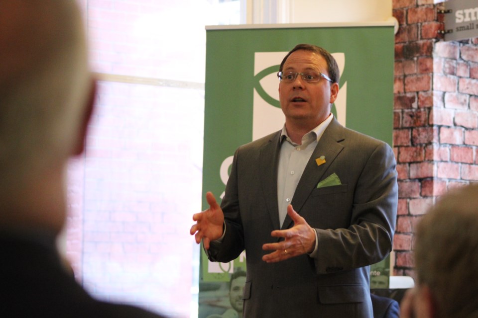 Green Party of Ontario leader Mike Schreiner speaks to supporters during an event Wednesday night in downtown Barrie. Raymond Bowe/BarrieToday