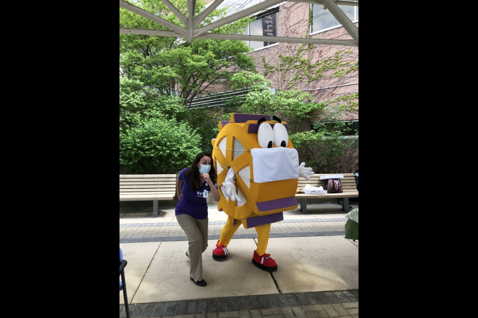 Ian Pavlik is Sprocket, the Barrie Rotary Club's mascot, promoting the Fun Run at the Royal Victoria Regional Health Centre, which puts together a large team every year.