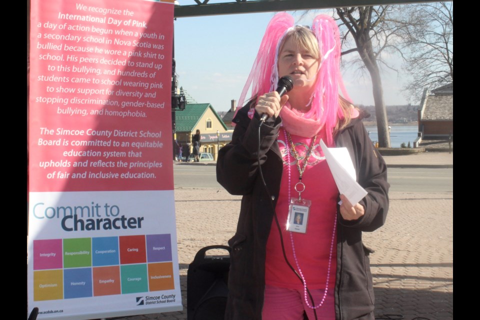 Jane Dewar, equity and inclusion resource teacher, speaks at Pink Day celebrations in Barrie.
Robin MacLennan/BarrieToday.com
