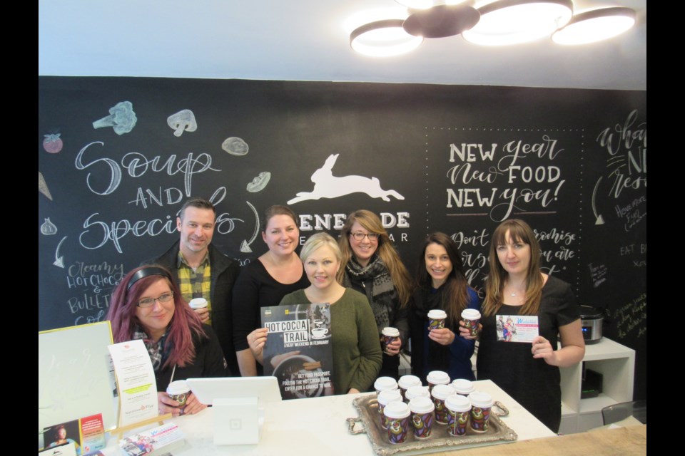 Launching The Hot Cocoa Trail from Renegade Health Bar.
(Left to Right): Stacey Zubczyk and Craig Stevens of the BIA, Amy De Wolfe and Kristine Brigger of Renegade, Arin Donnelly of the City of Barrie, Stacey Daoust of BOOTC, Amanda Dyke of the City of Barrie                           