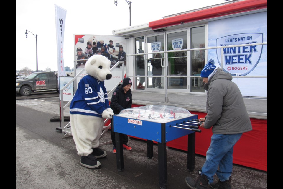 Carlton the Bear hustling some fans at Winter Week. Shawn Gibson for BarrieToday                             