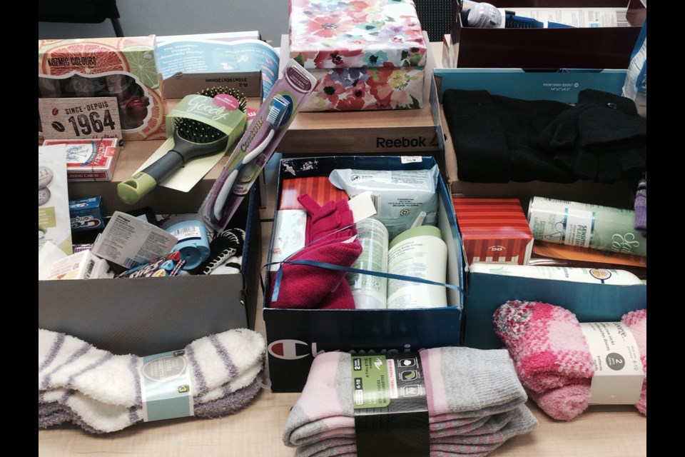 Thirty shoeboxes filled with comfort items donated to the Nipissing Transition House by the women of CFB North Bay  