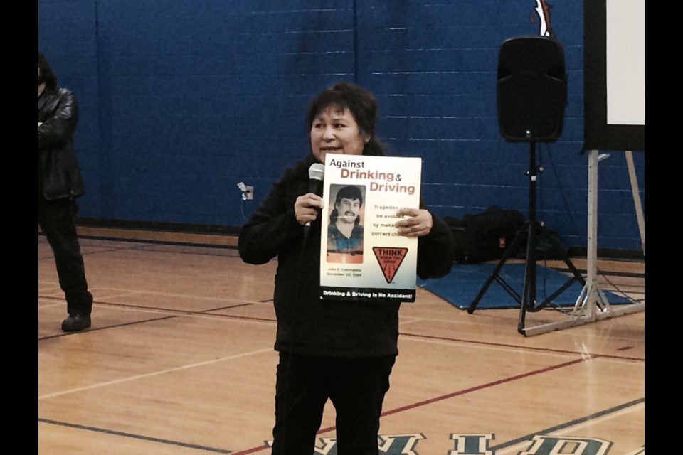 Elaine Commanda speaks to students on the 15th anniversary of her brothers death by an impaired driver