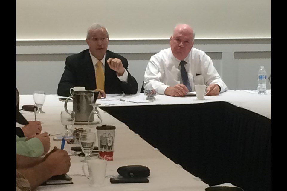 Minister of Finance and Nipissing MPP Vic Fedeli and  Minister of Economic Development, Small Business and Trade Jim Wilson meet with members of the North Bay business community at a round table discussion