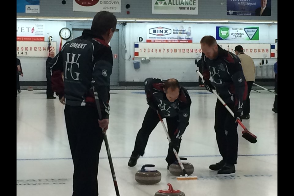 Three-time Canadian and world curling champion Brent Laing (c) and Olympic gold medal skip  Brad Jacobs (r) were a big draw at the Peter Minogue Rocks and Hearts charity bonspiel at the North Bay Granite Club 