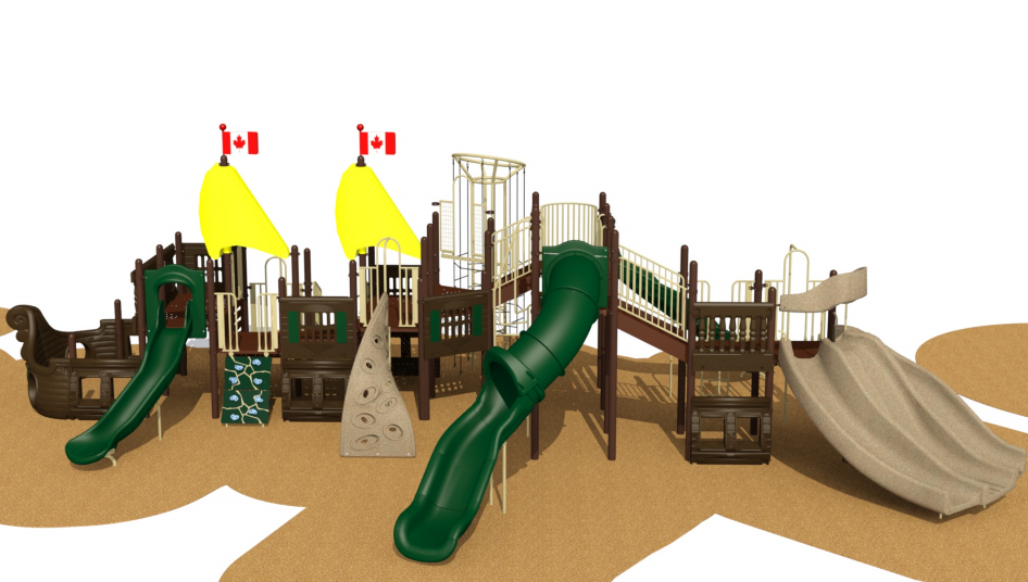 Playground Planners Inc. have provided Callander with digital renderings of the new playground, which will be installed in the spring of 2022. Note the Colosus slide at the far right / Digital design by Playground Planners Inc., supplied by Town of Callander