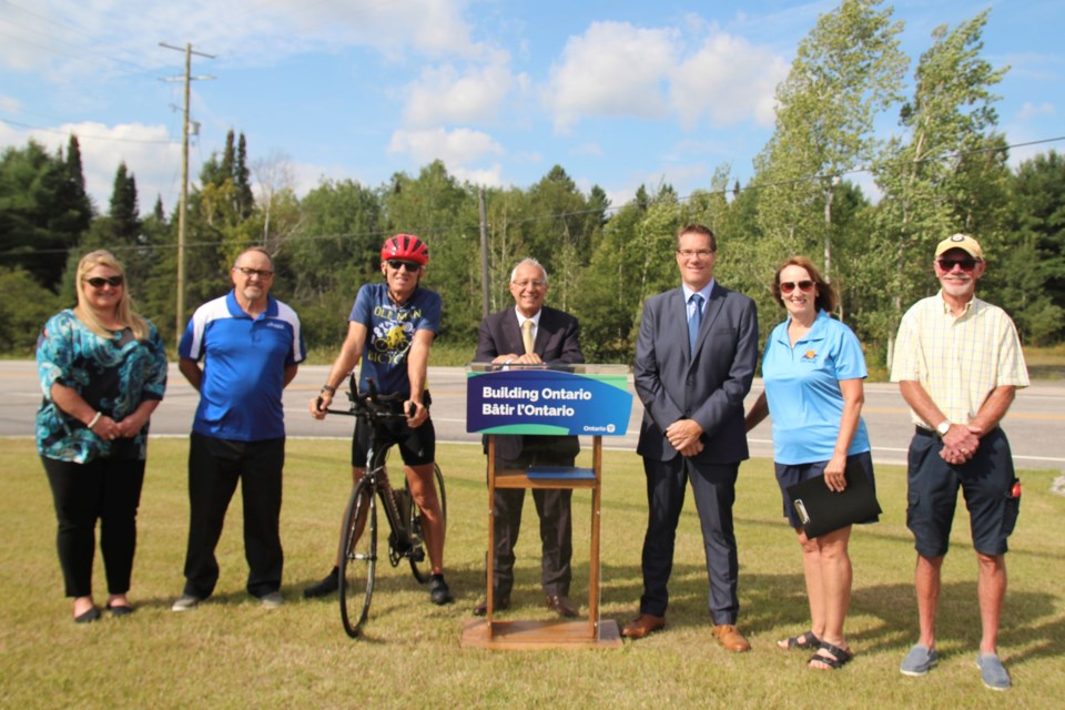 (Left to right) Laurie Marcil, John Miller, President of the Near North Trail Association, Mike Burke, Vic Fedeli, Rob Noon, Pauline Rochefort, and Peter Murphy, Mayor of Mattawan