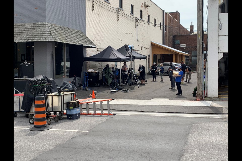 Filming of the Christmas movie "Too Close for Christmas" takes place on McIntyre Street on Monday.  Photo by Chris Dawson/BayToday. 