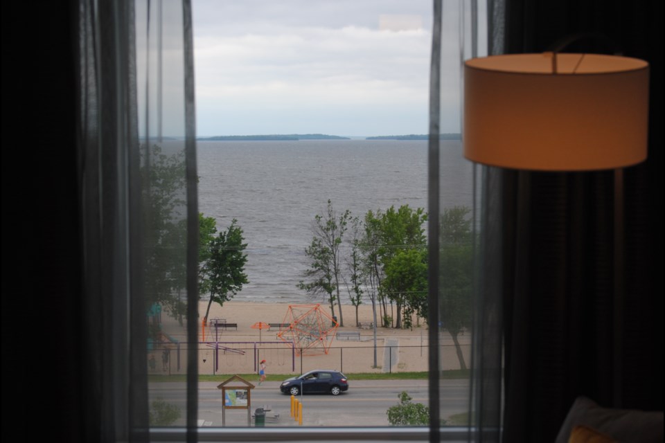 A lake view from a fifth-floor suite at the new Homewood Suites by Hilton, located at 495 Oak St. W. Photo by Stu Campaigne.