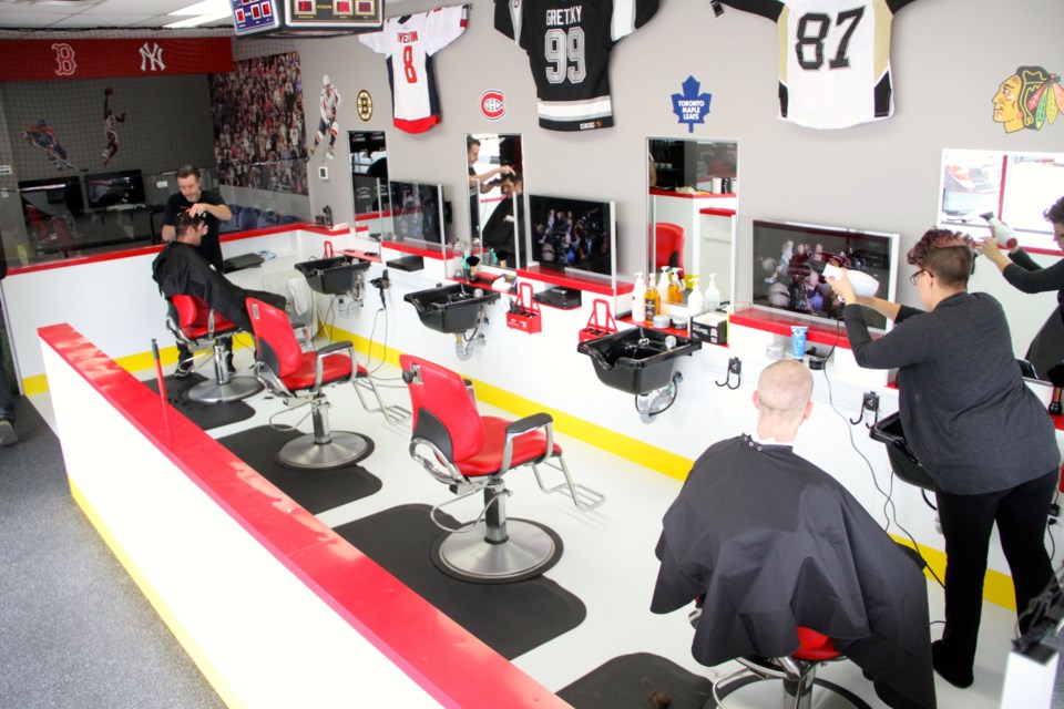 An overhead view of the new sports themed Sportscut hair salon on Shirreff avenue.  Photo by Chris Dawson.  