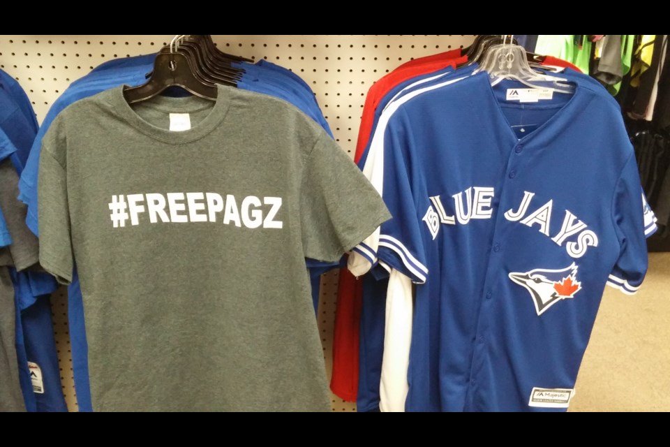 #FREEPAGZ t-shirts available for sale at Skater's Edge, in support of Ken Pagan