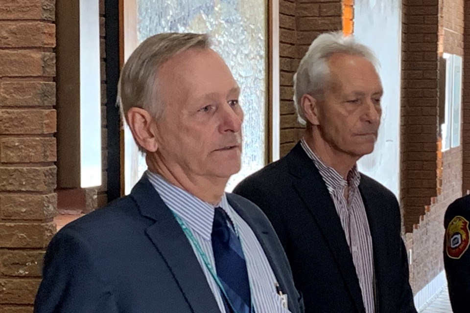 In this March 2020 file photo, Dr. Jim Chirico (foreground) and Peter Chirico are pictured at North Bay City Hall during a press conference to address the City of North Bay's initial response to the COVID-19 pandemic.