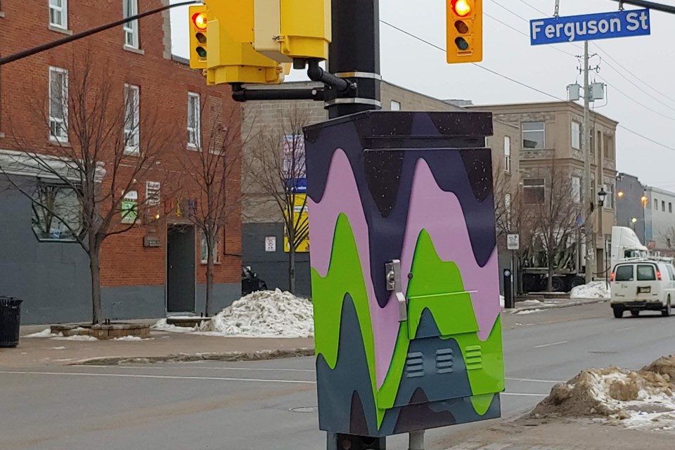 File photo of a traffic box wrapped with a public art display in downtown North Bay.